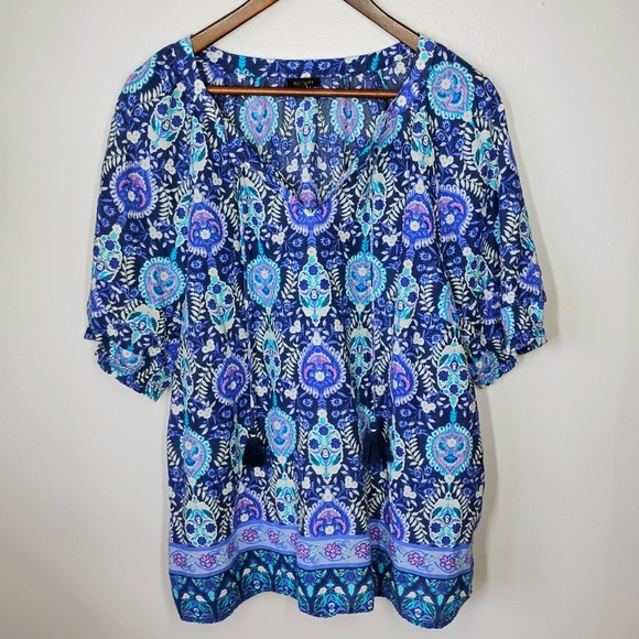 Talbots Pleated Sleeve Top Womens XL Floret Medallion Tassels‎ Paisley Bohemian - Picture 2 of 11